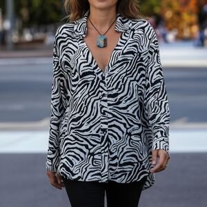 Forever 21 Oversized Zebra Print V-Neck Women's Shirt Size S Semi Transparent